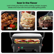 3-in-1 panini press grill with open plates and sandwich, dual control lights