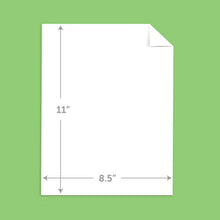 White cardstock sheet template, 8.5 in wide and 11 in tall with corner notch