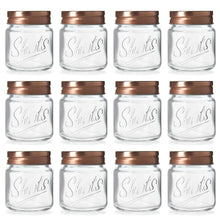 12 pack mini mason jar shot glasses with copper lids, all clear jars with “Shots”
