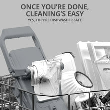 Gray mandoline slicer with detachable parts shown in dishwasher