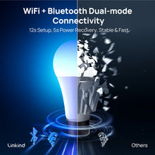 Color-changing smart light bulb with E26 screw base, blue light effect