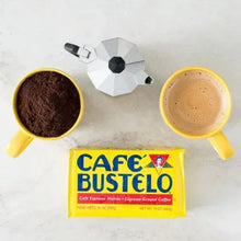 CafŽ Bustelo espresso ground coffee brick pack with cup and coffee grounds