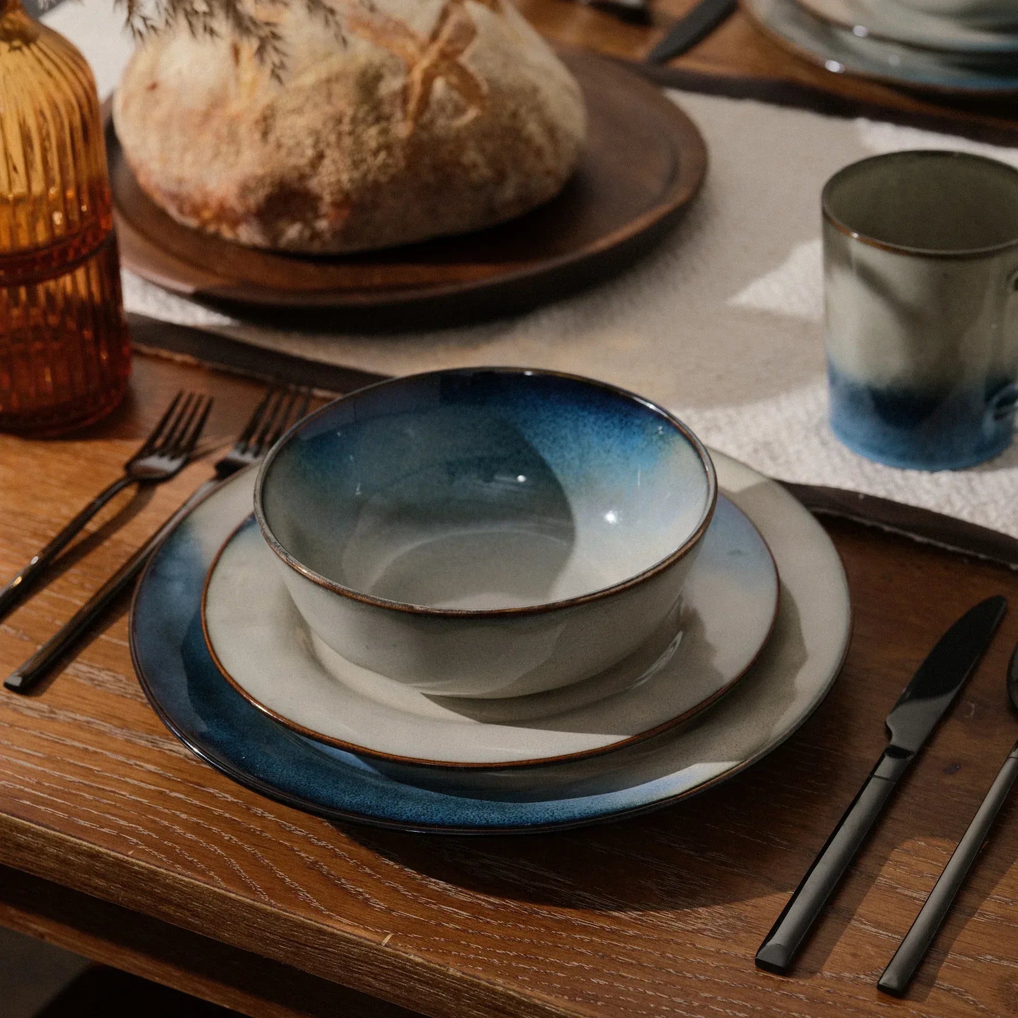 Yellowstone Canto 12-Piece Blue Reactive Ceramic Dinnerware Set