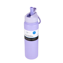 Purple double-wall stainless steel water bottle with flip-top lid and loop handle