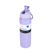 Purple double-wall stainless steel water bottle with flip-top lid and carry loop