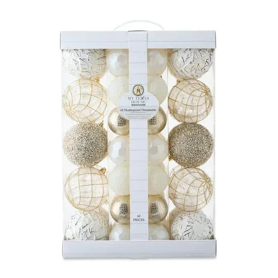 62 Count White and Gold Shatterproof Christmas Ornaments, by My Texas House