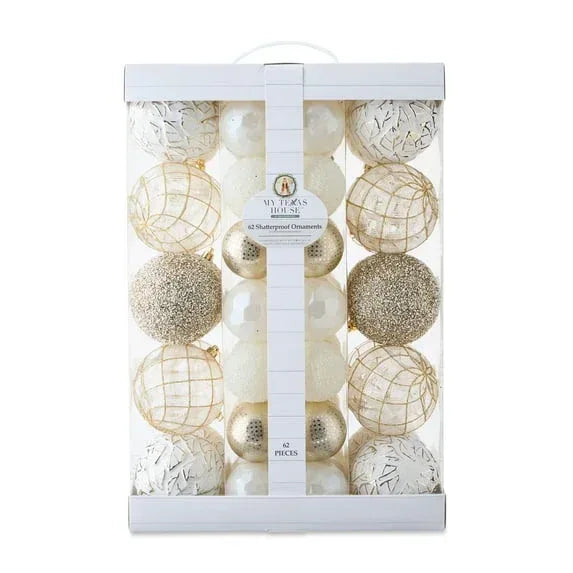 62 Count White and Gold Shatterproof Christmas Ornaments, by My Texas House - USA MEGA SHOP