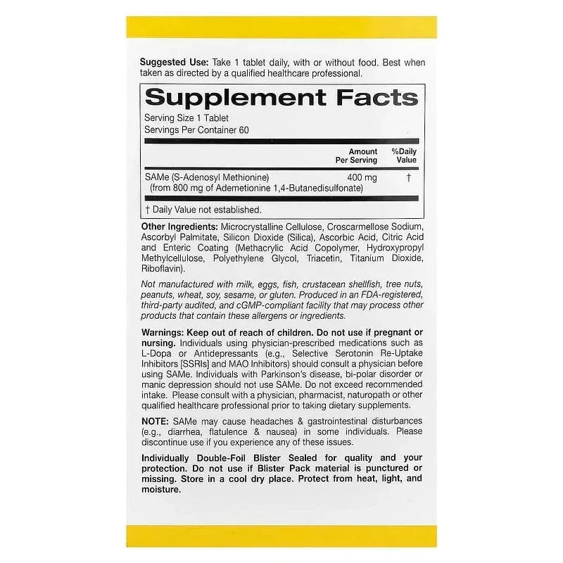 California Gold Nutrition, SAMe, Butanedisulfonate, 400 mg, 60 Enteric Coated Tablets