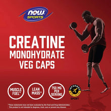 Creatine monohydrate veg caps marketing panel with NOW Sports logo and seated athlete.