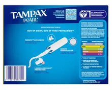Tampax Pearl regular unscented tampon box back with usage info, 96 count