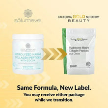 Hydrolyzed marine collagen peptides cocoa pouch and white supplement tub