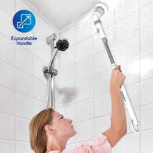 Expandable handle cordless scrubber reaching shower corners with rotating brush head