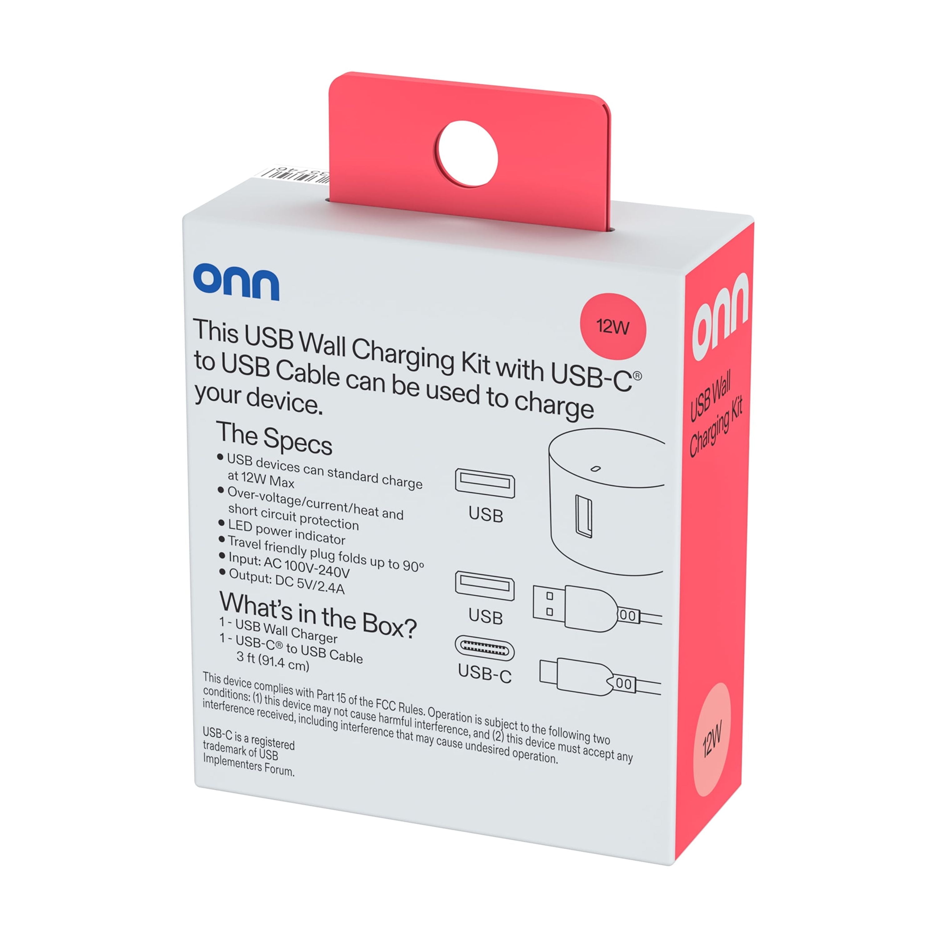 onn 12W Single USB-A Port Wall Charger with 3ft USB-C to USB Cable, Foldable Plug, White - Compatible with iPhone 17/16/15 Series, Samsung Galaxy, Google Pixel, and more
