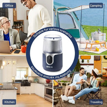 Blue cordless electric coffee grinder in center of office and camping collage