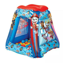 Inflatable Paw Patrol play ball pit in blue with red inflatable top and side panels