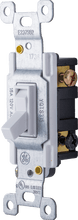 Grounding toggle switch detail with metal mounting clips, white rocker and side screws