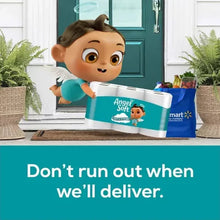 Toilet paper delivery pack held by cartoon boy with teal label