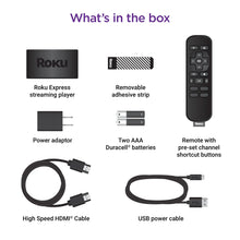 Roku Express whats-in-the-box items: streaming player, remote, HDMI cable, power adapter