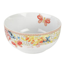 Butterfly mosaic cereal bowl, white bowl with peach, blue, and red butterfly decor on rim