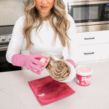 Miracle cleaning paste jar with pink tub lid, used with cleaning cloth and gloves