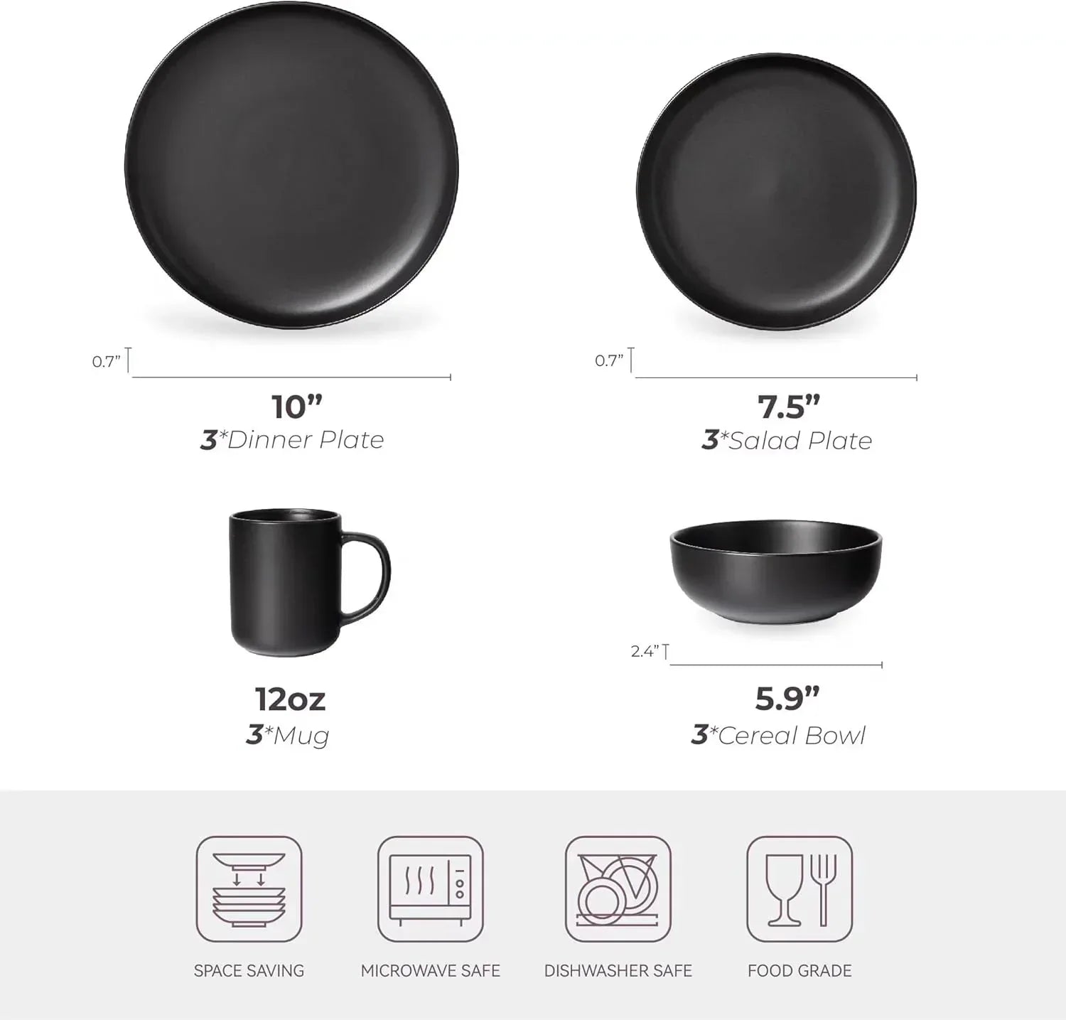 12-Piece Stoneware Dinnerware Set with Mugs | Microwave and Dishwasher Friendly | Stackable Matte Glaze Plates & Bowls | Service for 3 (Black for 3)