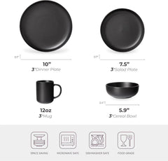 12-Piece Stoneware Dinnerware Set with Mugs | Microwave and Dishwasher Friendly | Stackable Matte Glaze Plates & Bowls | Service for 3 (Black for 3)