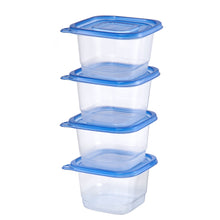 Stacked plastic square food storage containers with blue snap lids