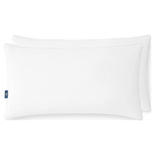 White king bed pillow set, 2 pack, neatly stacked with blue corner tags