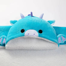 Blue dragon hood with rounded plush head, black eyes, and white snout detail