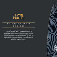 Blue swirl knife blade with Thyme&Table logo