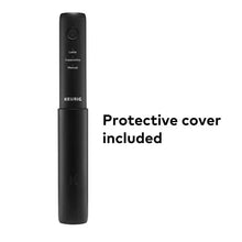 Black handheld milk frother with protective cover on the lower handle
