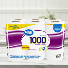 Toilet paper 12-roll pack with 1,000 sheets per roll, Great Value Bath Tissue