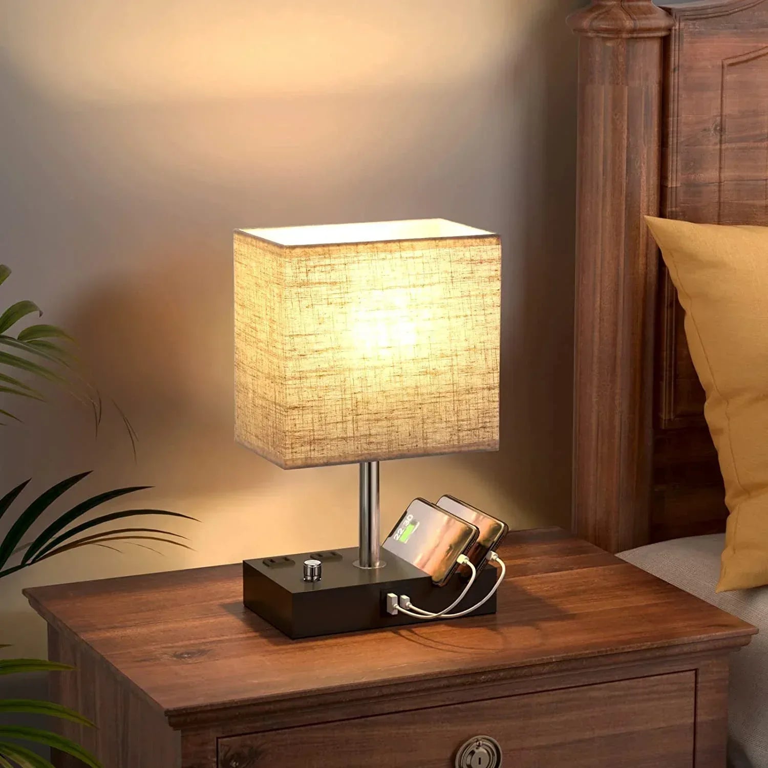 GPED Bedside Table Lamp for Bedroom with Dual Fast USB Charging Ports, Fully Dimmable Nightstand Lamps with 2 Phone Stands and 2 Charging Outlets, Desk lamp with Fabric Shade for Living Room - USA MEGA SHOP