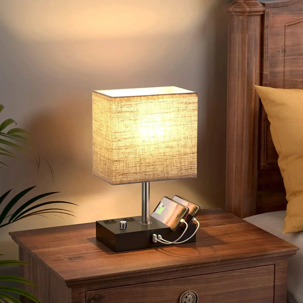 GPED Bedside Table Lamp for Bedroom with Dual Fast USB Charging Ports, Fully Dimmable Nightstand Lamps with 2 Phone Stands and 2 Charging Outlets, Desk lamp with Fabric Shade for Living Room - USA MEGA SHOP