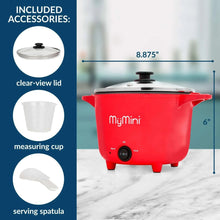 Red electric multi-cooker pot with clear-view lid, measuring cup, and spatula