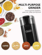 Black electric coffee grinder shown with ingredient options like coffee, nuts, spice, and corn