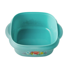 Teal plastic food storage container with lid, open bowl shape with floral side print