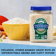 RiceSelect Texmati white rice jar with blue lid, with bowl of cooked rice beside