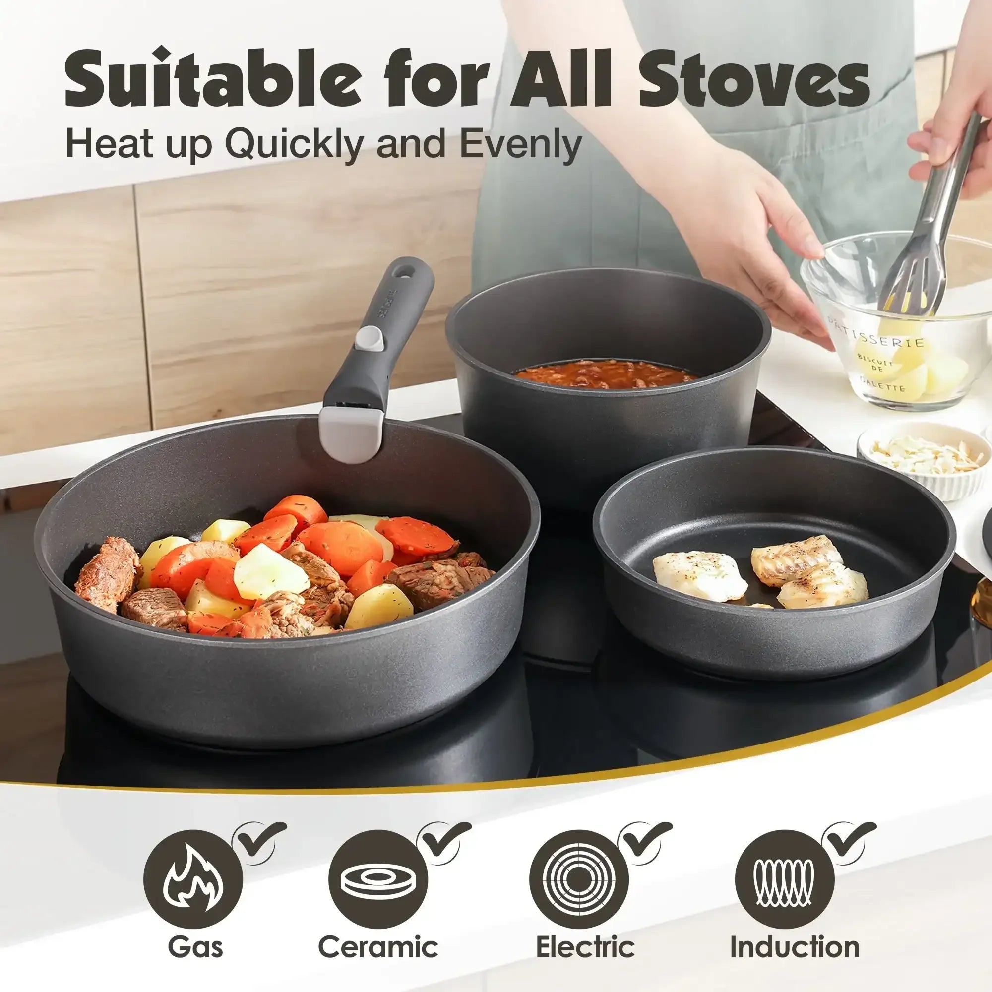 SENSARTE Ceramic Nonstick Pots and Pans Set with Detachable Handle, 18Pcs Induction Kitchen Cookware Sets Stackable, Dishwasher/Oven Safe(Navy Blue) - USA MEGA SHOP