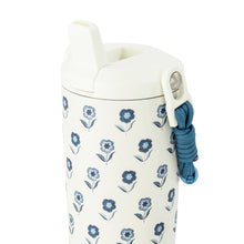 Stainless steel water bottle with blue paracord handle, white lid and blue floral pattern