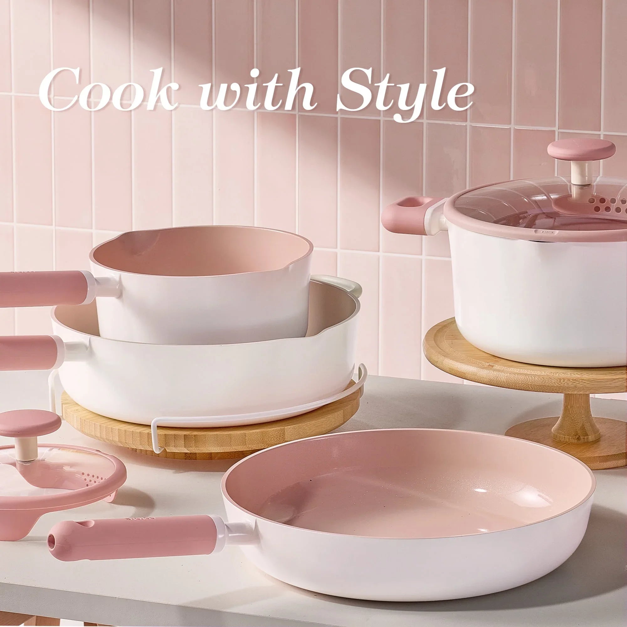 Carote 14-Piece Pots and Pans Set, Ceramic Nonstick Cookware Set with Steamer,Induction Compatible, Pink