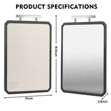 Double-sided cutting board with handle and dimensions marking on two surfaces.