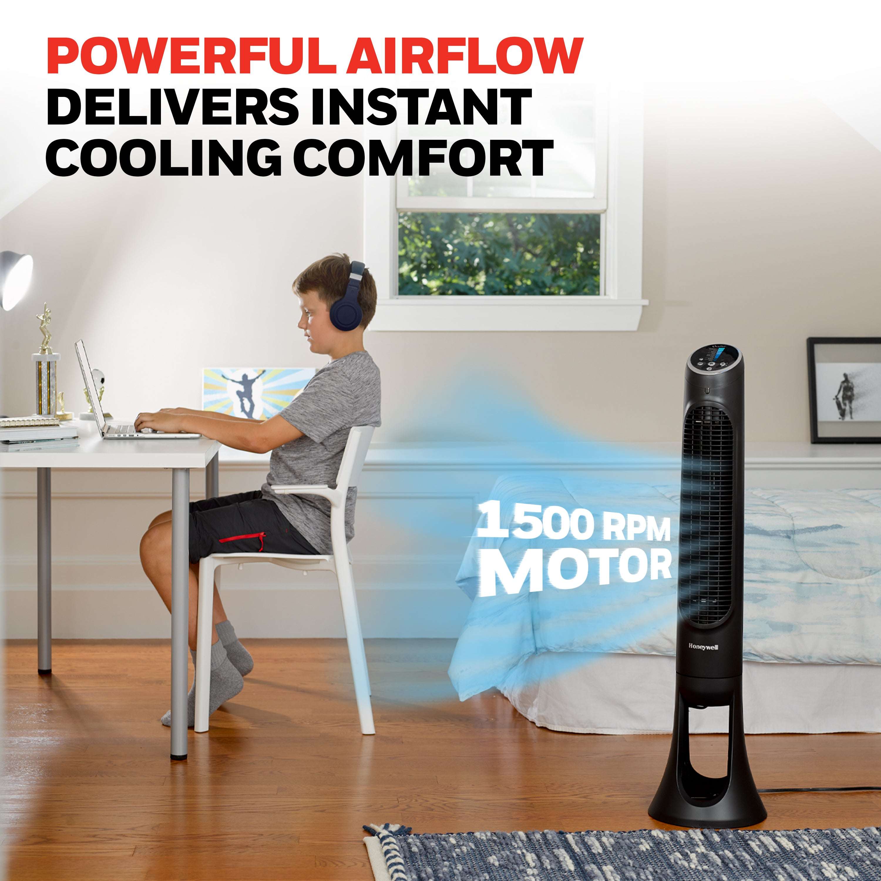 Honeywell 40" White Quiet Set Oscillating Tower Fan, 30ft Air Circulation Power, 5 Speed, Auto Off Timer, HYF260W