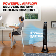 Black tower fan with top control panel and slim vertical grille
