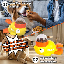 Duck-shaped interactive dog slow feeder toy, yellow body with orange top and handle