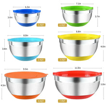 Stainless mixing bowls with blue, green, yellow, orange, and red lids in sizes