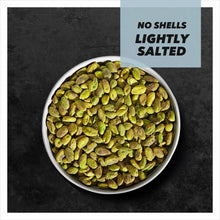 Bowl of green lightly salted pistachio kernels with No Shells lightly salted label