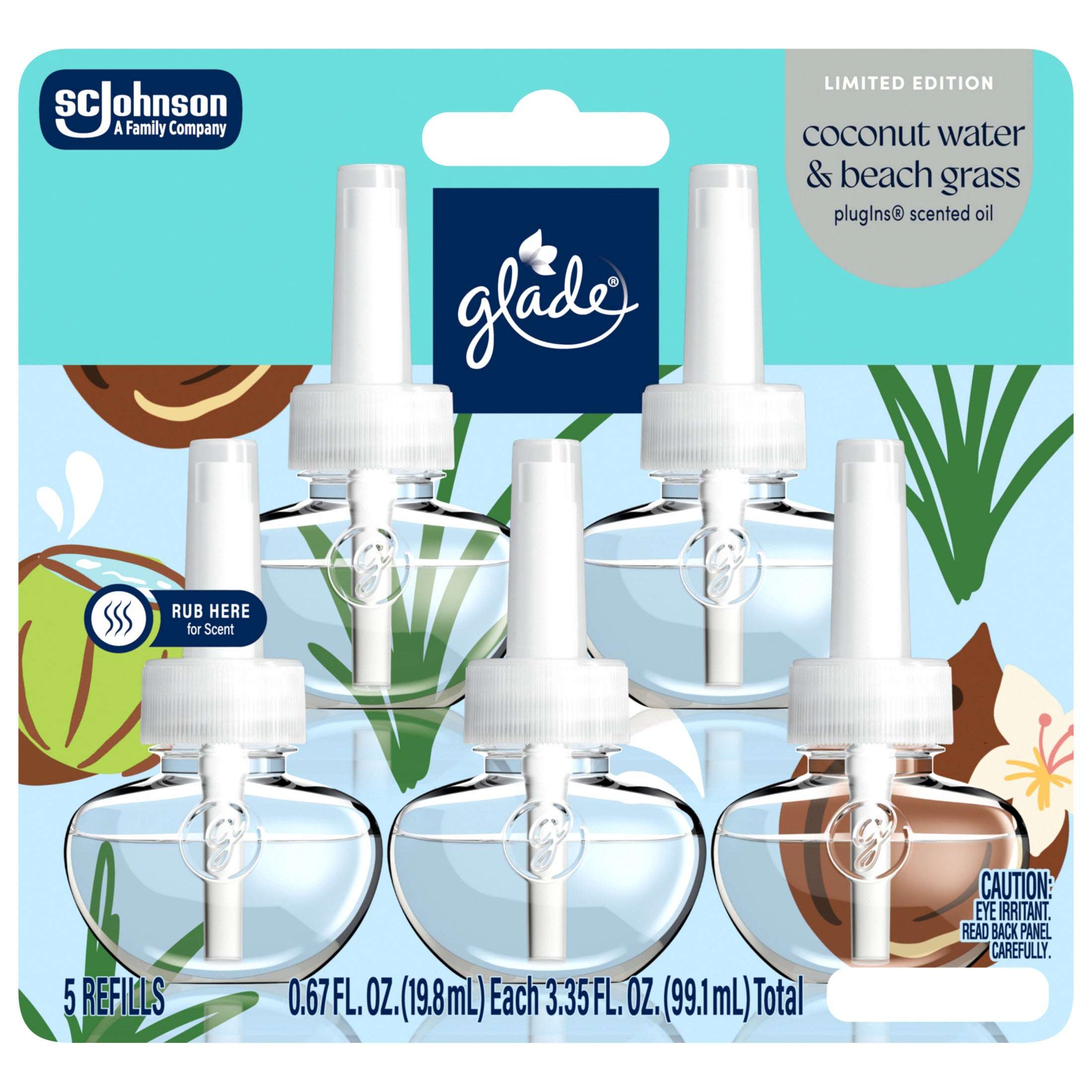 Glade® PlugIns®, Coconut Water & Beach Grass Scented Oil, 3.35 oz, 5 Count