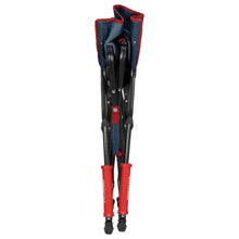 Folded oversized rocking camp chair with blue canopy, red legs, and black carry frame