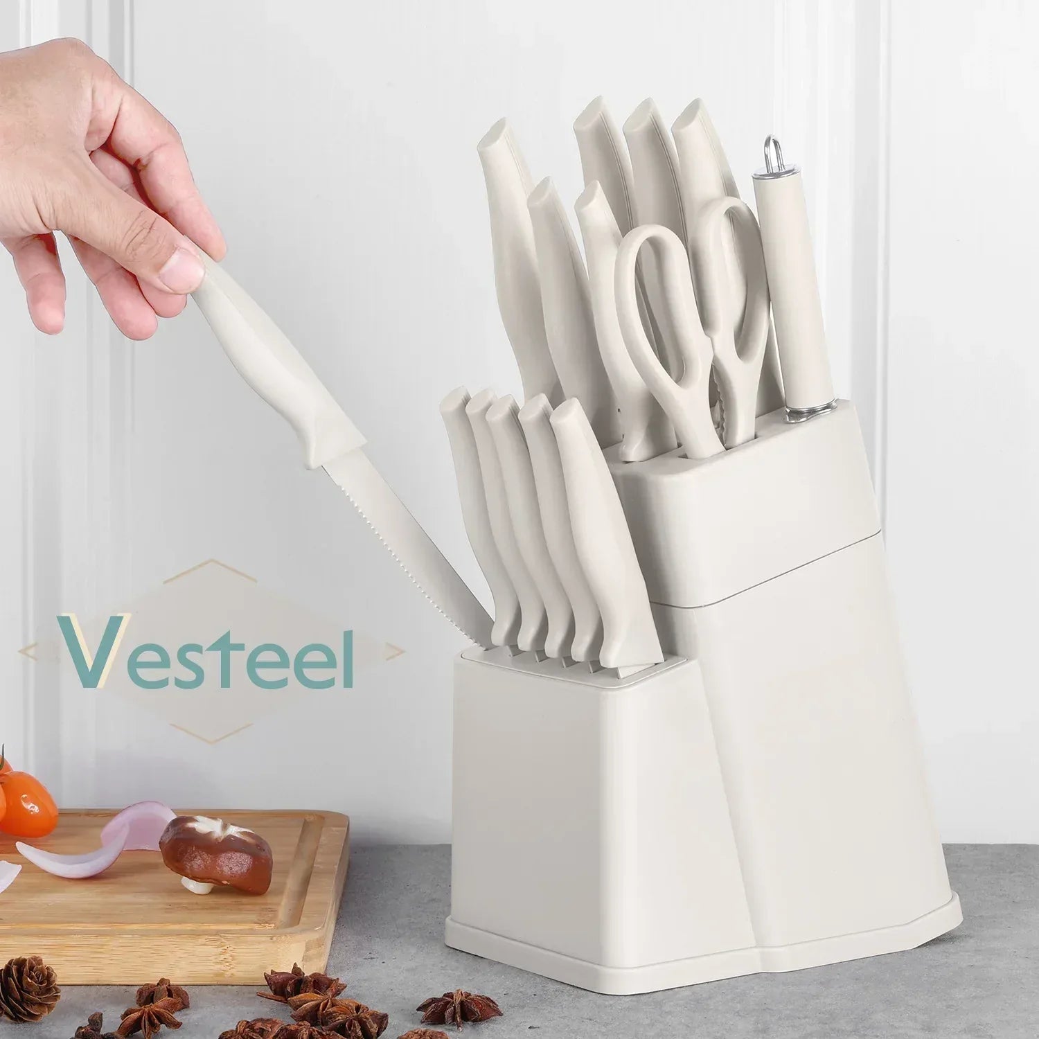 Vesteel Knife Set for Kitchen with Block, 15 Pcs High Carbon Stainless Steel Kitchen Knife Set with Self Sharpening - USA MEGA SHOP